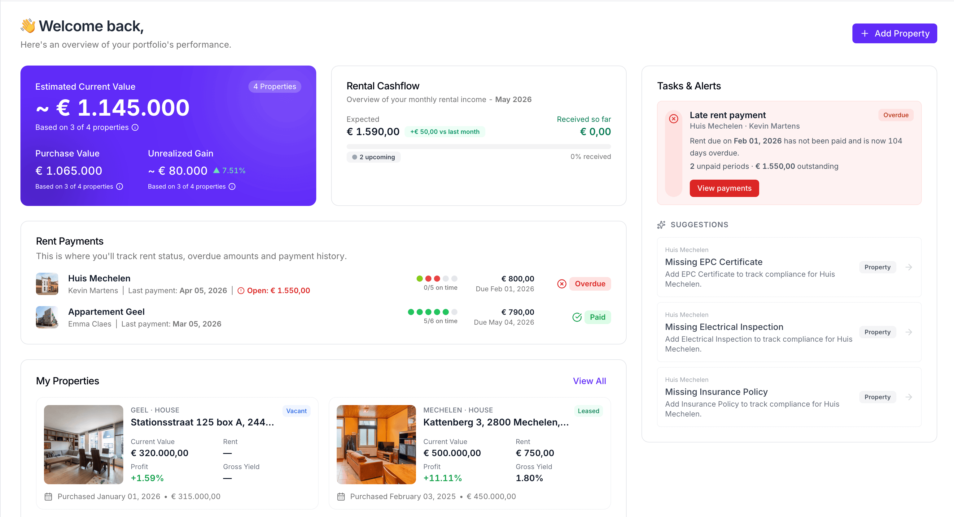 Proproll Dashboard showing income overview, property analytics, and payment tracking